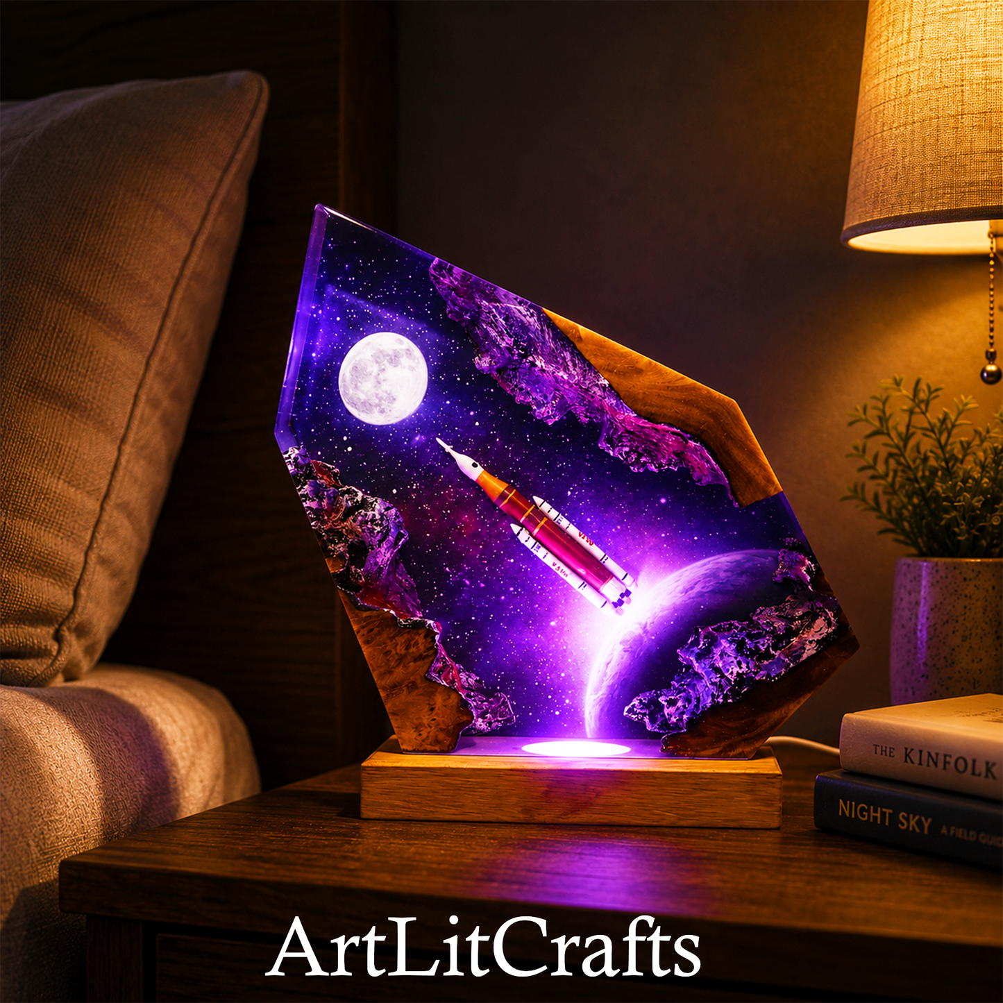 space resin lamp displayed as bedside night light, featuring the brand 'ArtLitCrafts'.