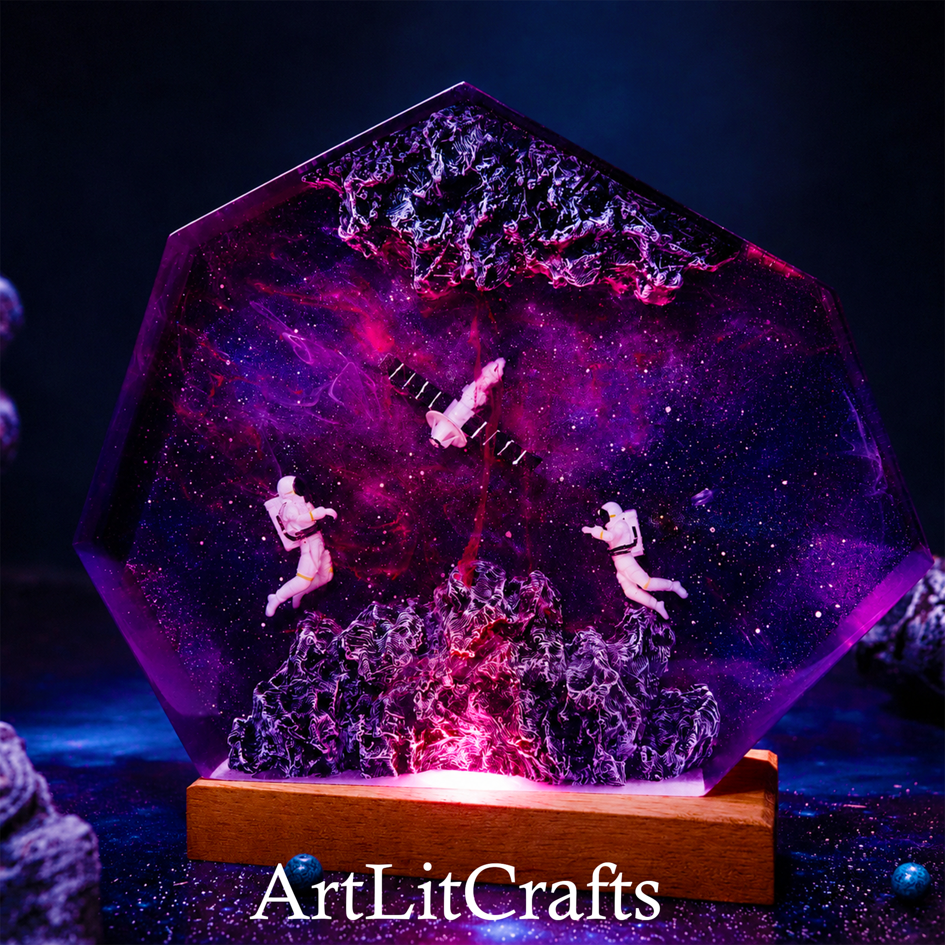 space resin lamp RGB color lighting variation and 'ArtLitCrafts' branding