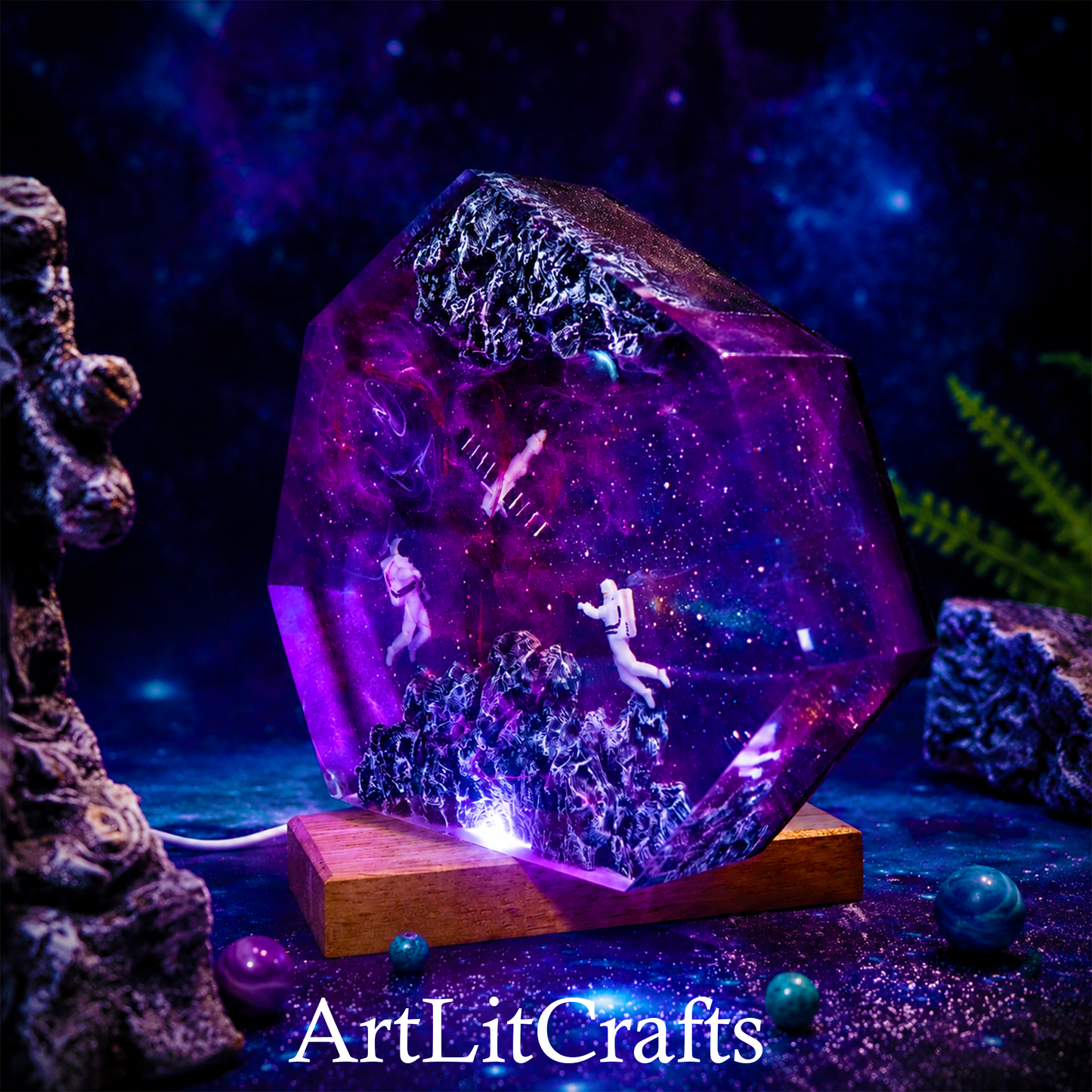 space themed resin lamp side angle display