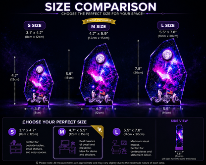 Space-themed LED lamp with lunar surface scene size comparison chart for decorative items with dimensions and space recommendations.
