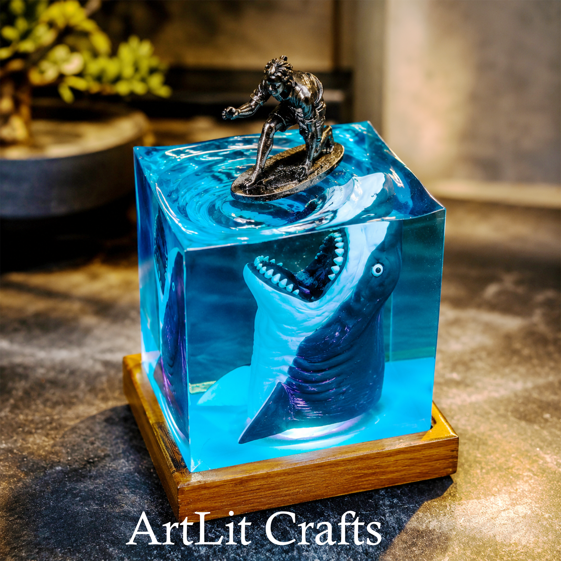 surfer and shark epoxy resin lamp display angle