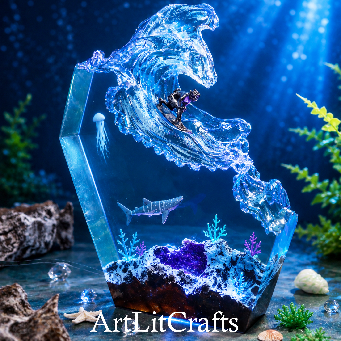 handmade ocean wave resin lamp with surfer scene