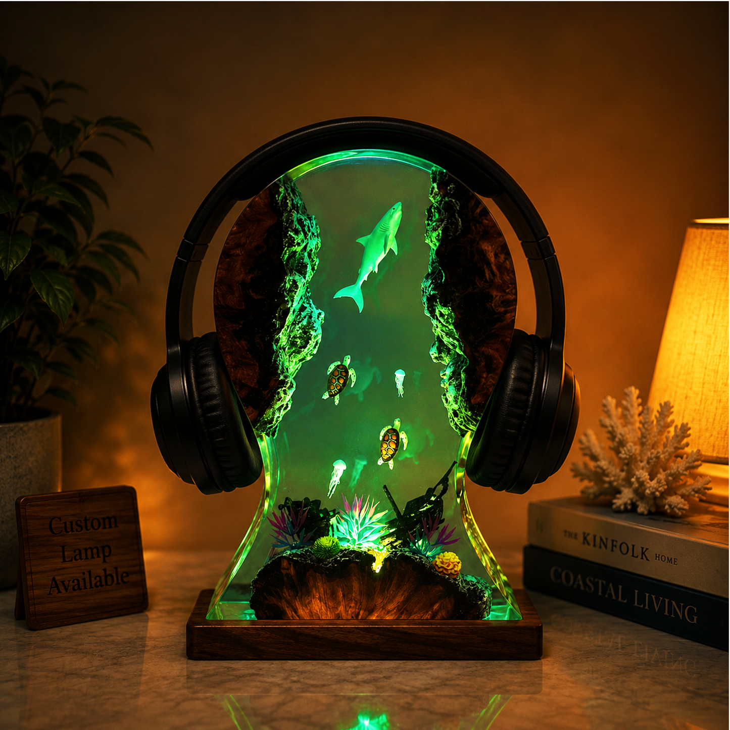Underwater Shark Turtle Resin Headphone Holder with LED Light