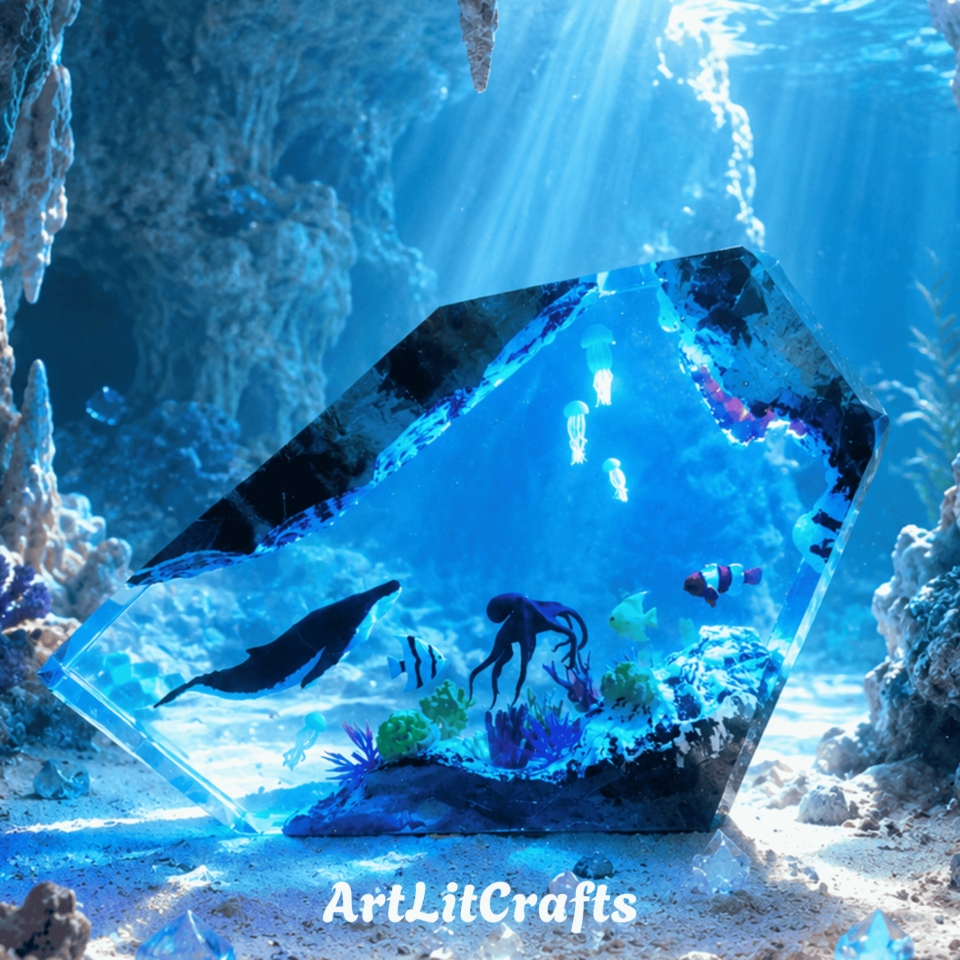 Handmade whale and octopus epoxy resin lamp with glowing underwater coral reef scene