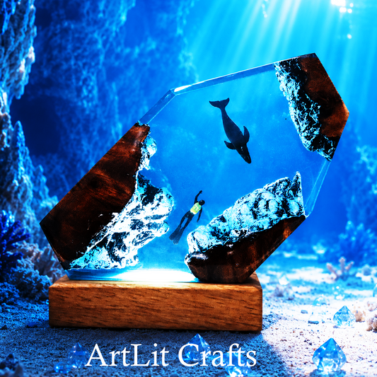 Underwater scene with a diver and whale, encased in glass on a wooden base, with 'ArtLit Crafts' branding.