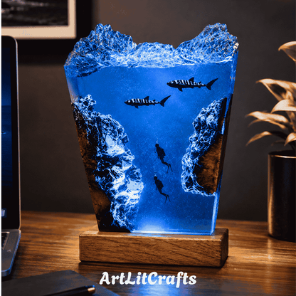 Ocean-themed whale shark resin lamp displayed as unique coastal home decor