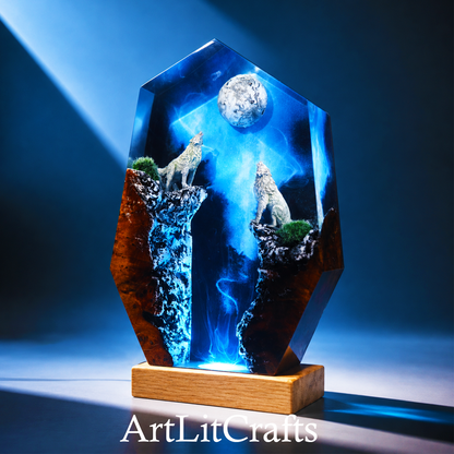 handmade wolf resin lamp featuring wolves beneath a glowing full moon-like structure, branded 'ArtLitCrafts'.