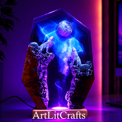 illuminated wolf resin lamp with purple ambient lighting effect, branded 'ArtLitCrafts'.
