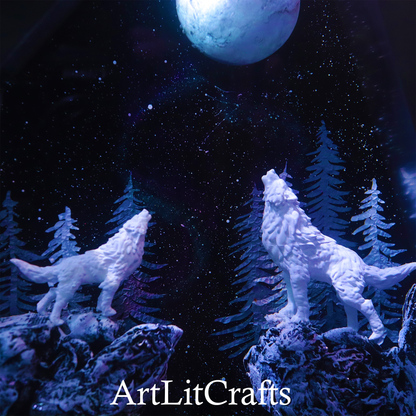 wolf resin lamp displayed in rustic cabin decor
