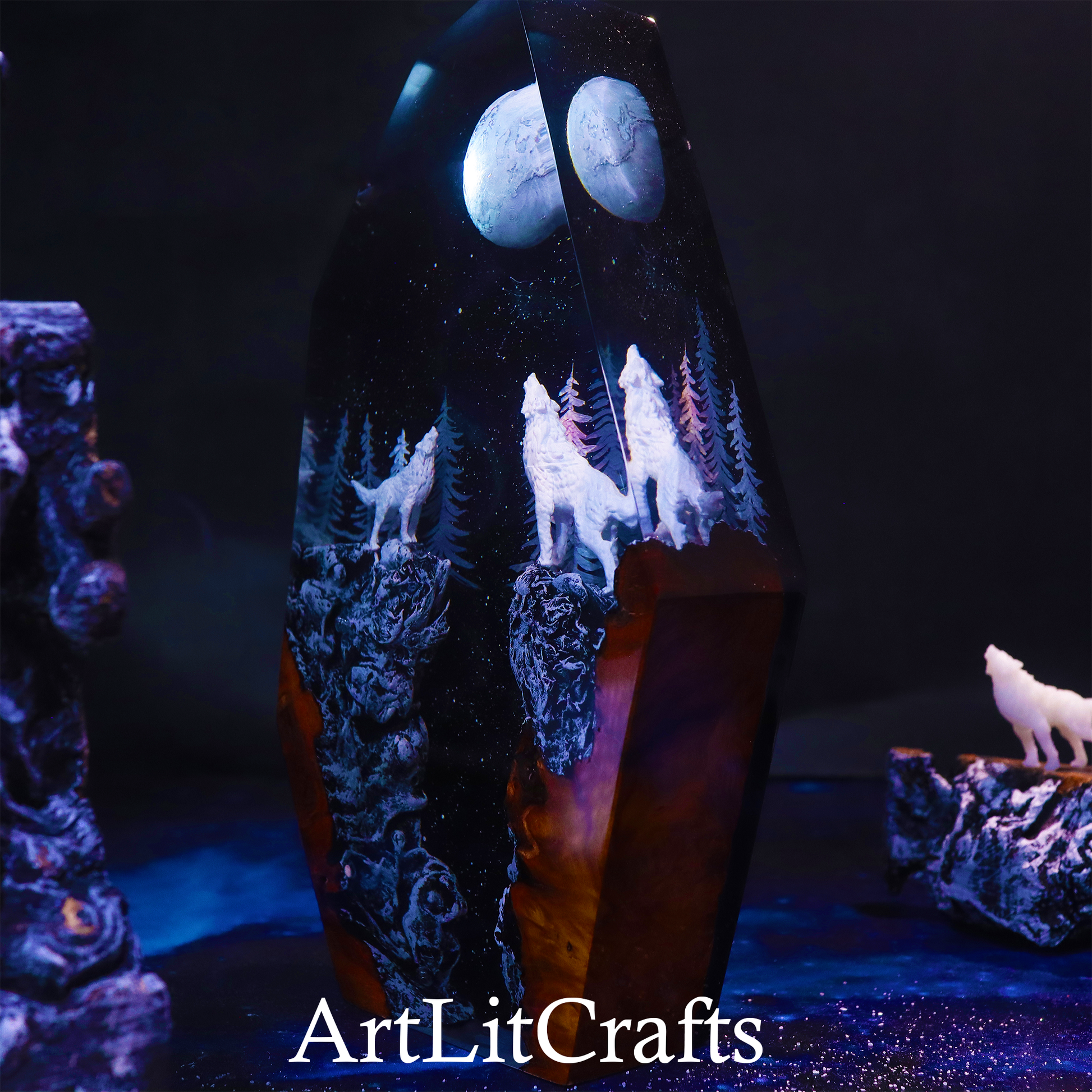 Decorative lamp with wolf design and 'ArtLitCrafts' branding