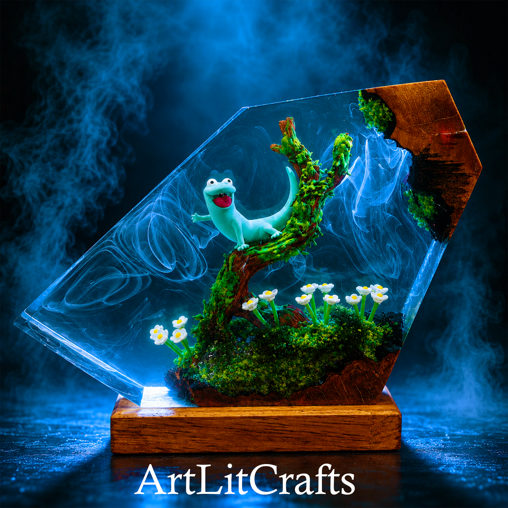cartoon lizard resin artwork with moss, flowers, and enchanted forest details
