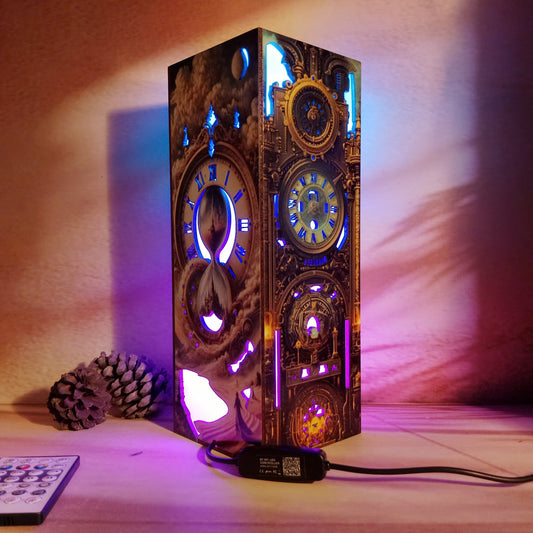 Beautiful image of the ancient magic clock lamp, with both sides visible, featuring magical clock face and rune cut-outs, glowing under vibrant RGB LED light.