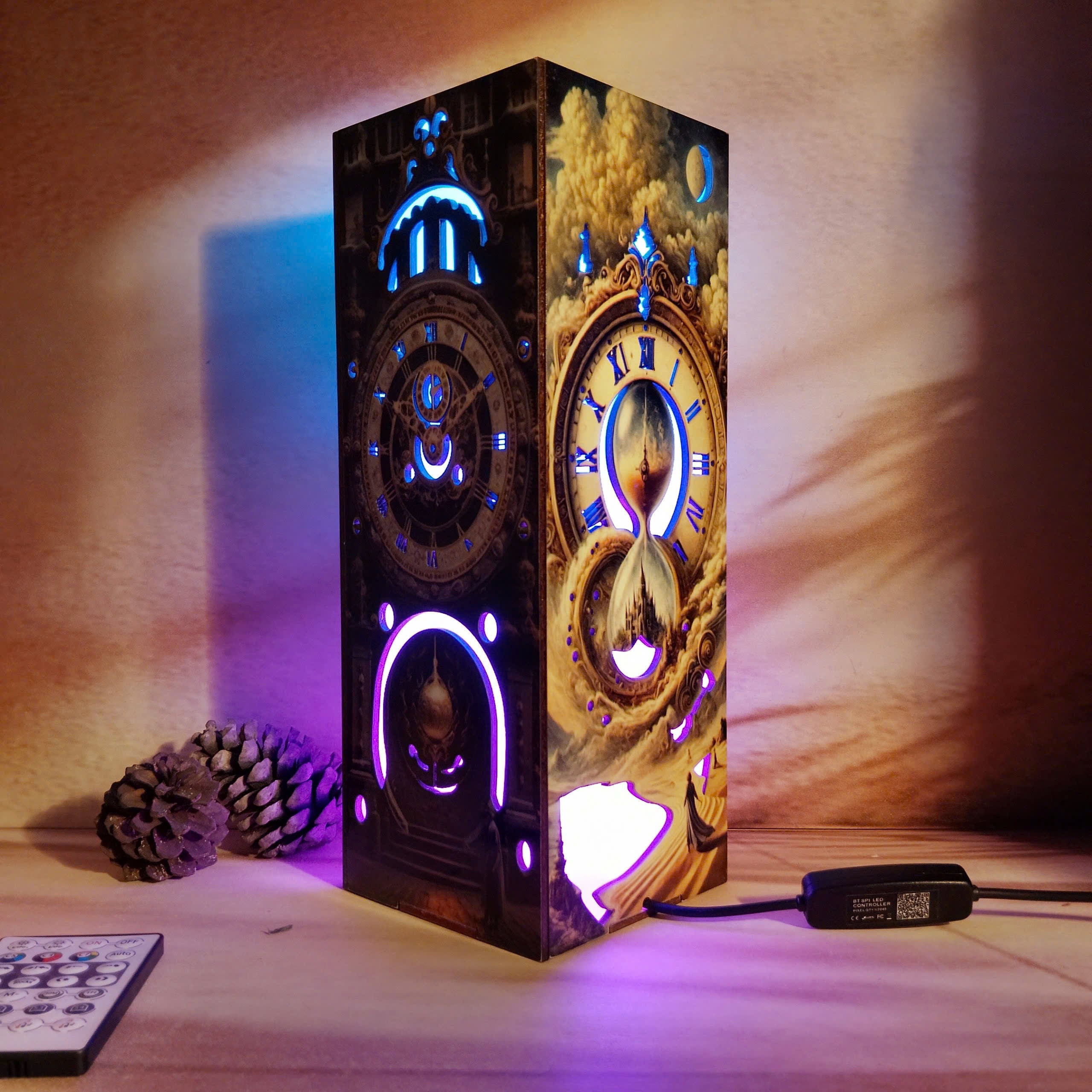 Elegant shot of the lamp with both sides showing intricate clock and rune designs, glowing with dynamic RGB LED light for a mystical effect.