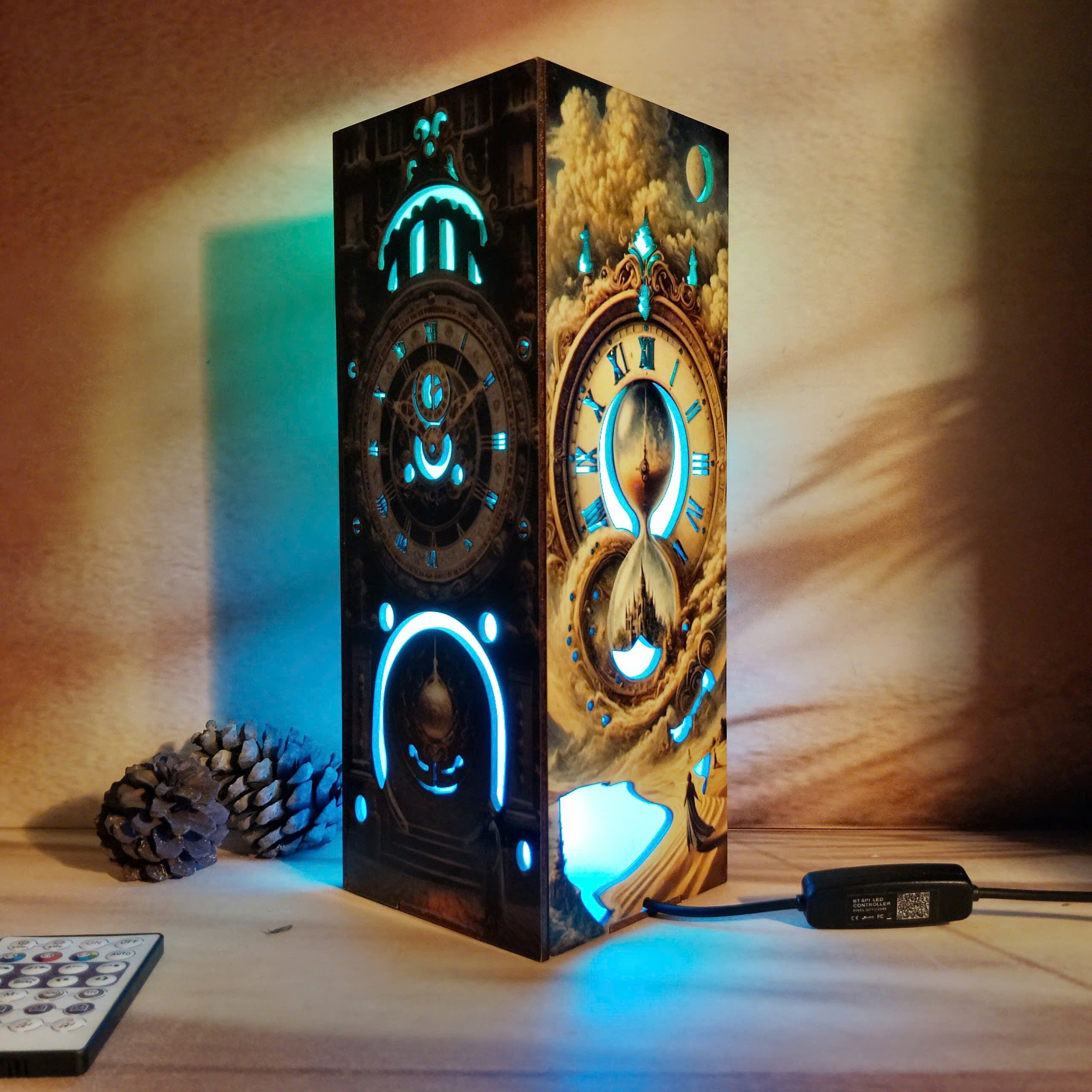 Angle shot of the lamp, showcasing the intricate clock and rune designs on both sides, illuminated by vibrant RGB LED lighting for an enchanting glow.