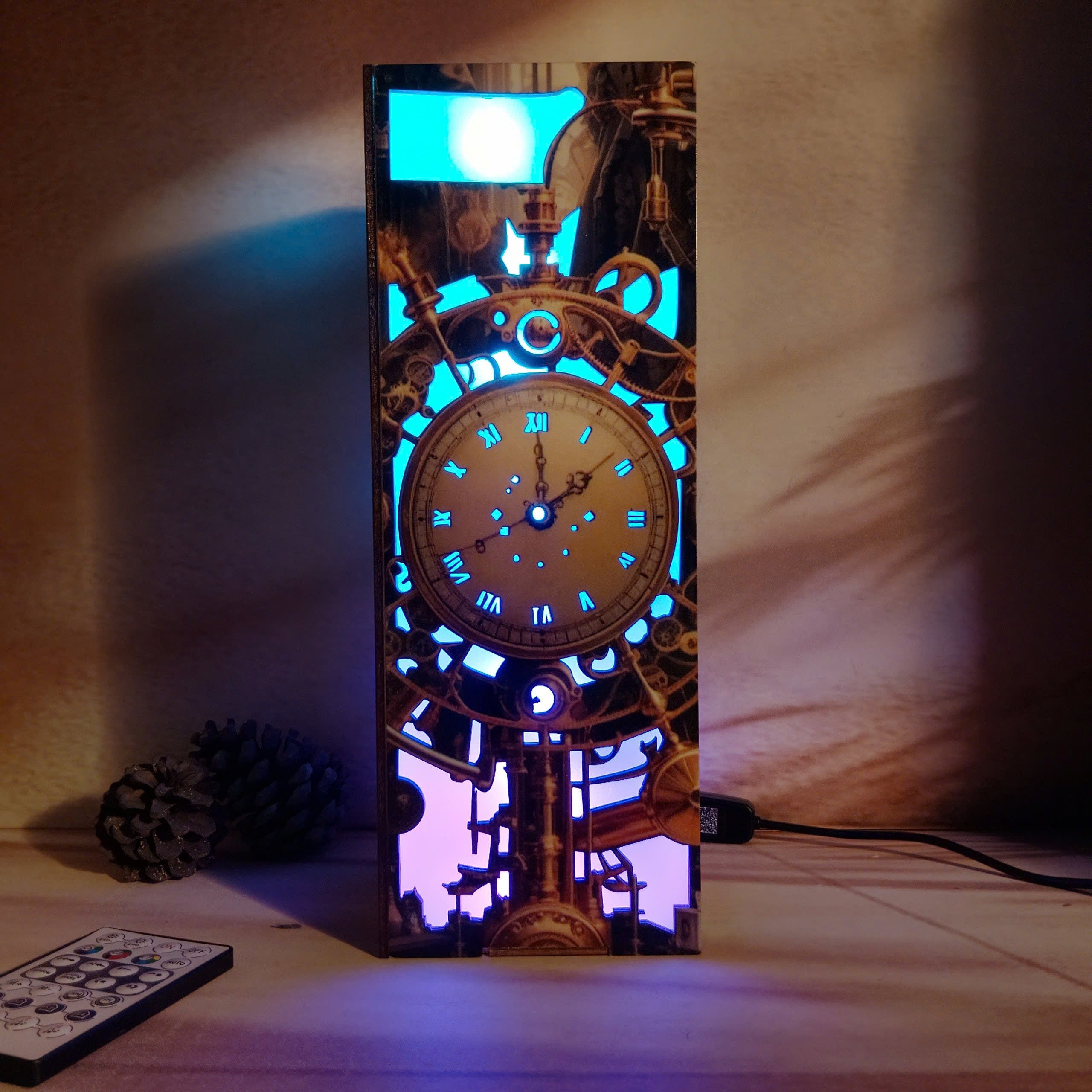 Straight shot of the lamp, showcasing one side with an ancient clock design, illuminated by vibrant RGB LED light for a warm, magical glow.