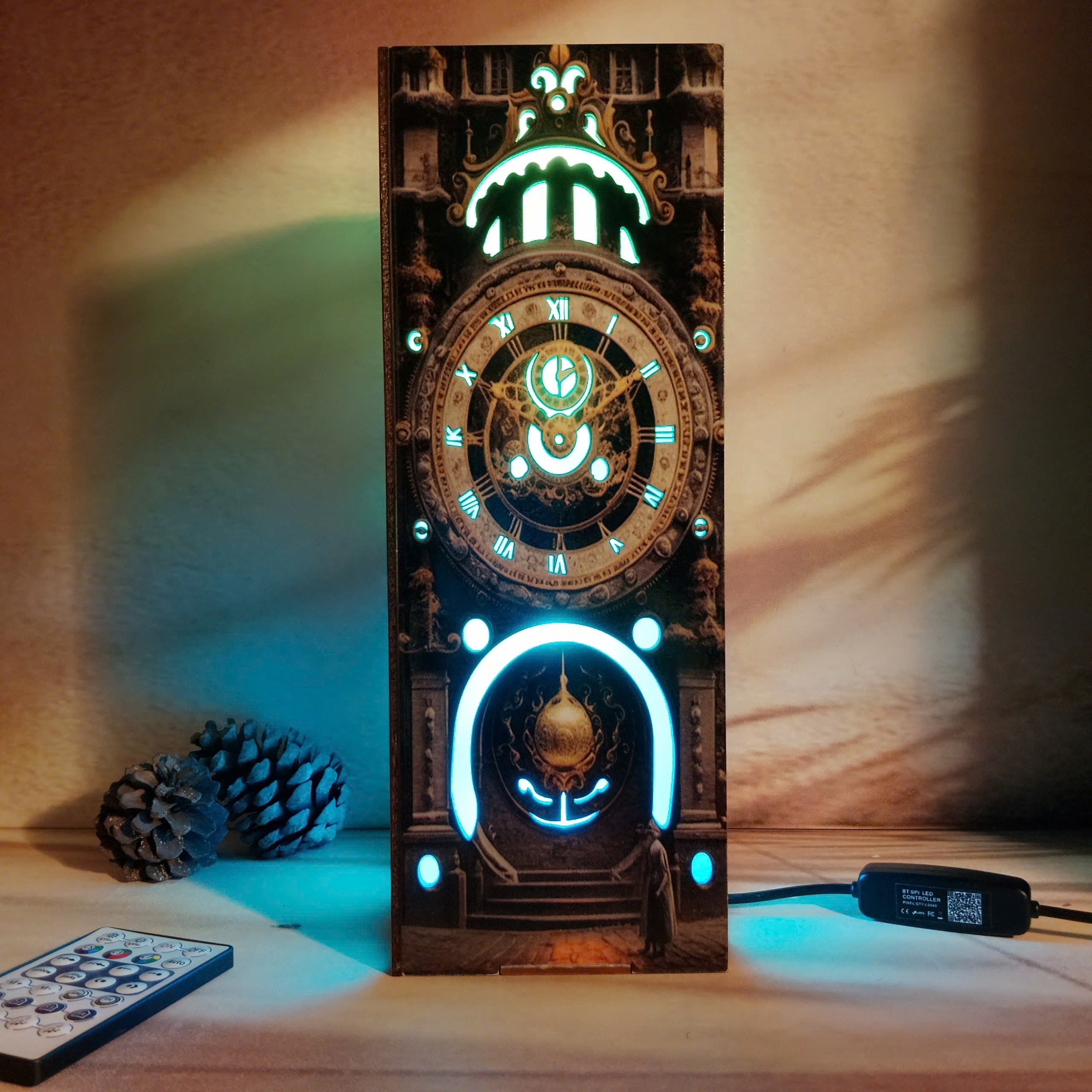Decorative clock with glowing neon lights on a wooden surface.
