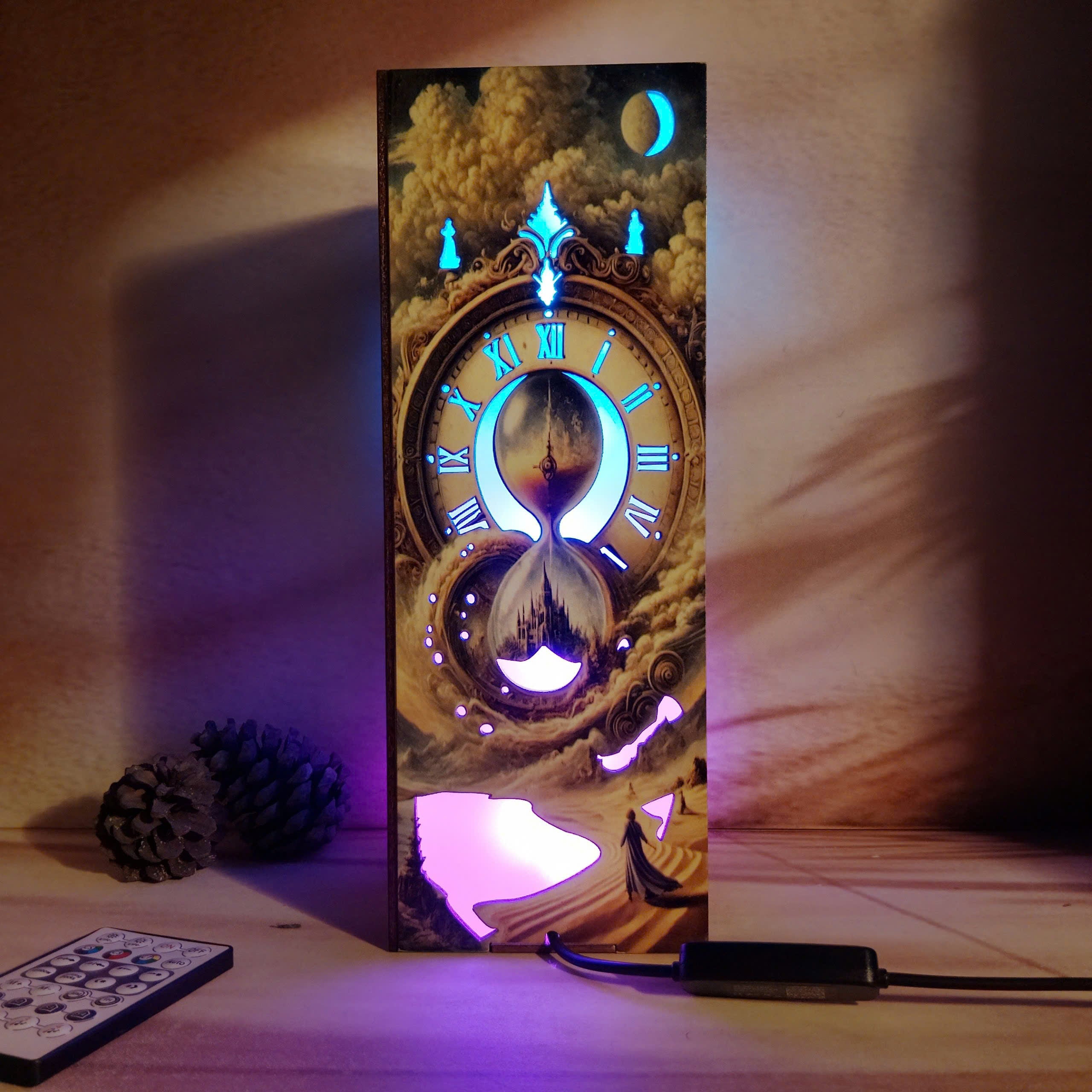 Clear, straight-on view of the lamp, showing one side with a magical clock cut-out design, glowing with RGB LED light for a mystical, soft glow.