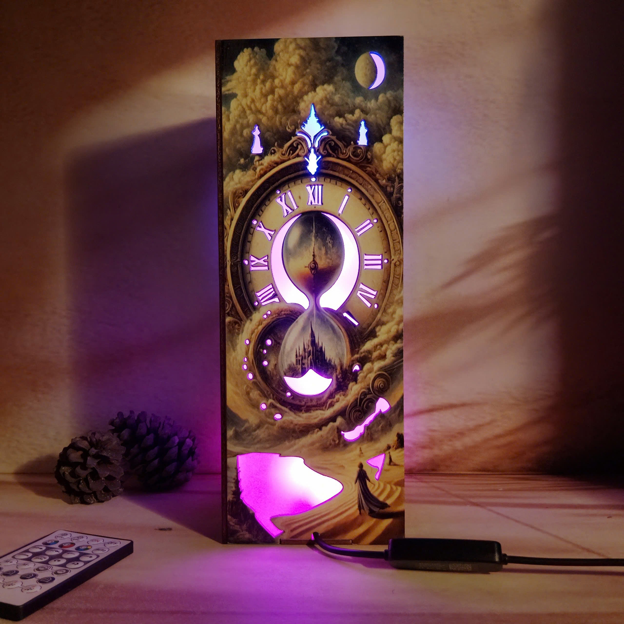 Front view of the mystical lamp, displaying one side with intricate clock and rune designs, illuminated by RGB LED light for an enchanting effect.
