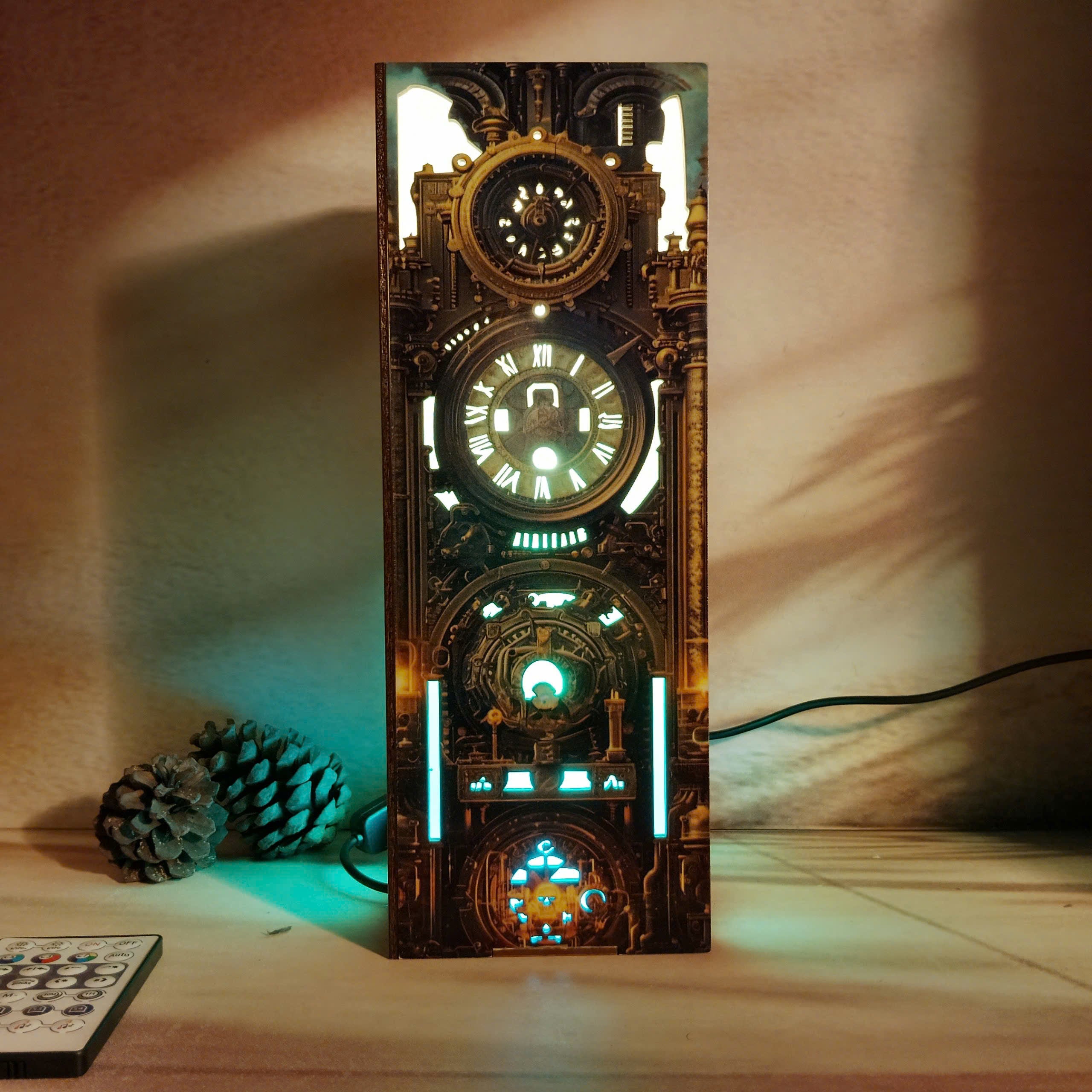 Straight-on view of the ancient magic clock lamp, showcasing one side with a detailed clock face cut-out, glowing with colorful RGB LED light