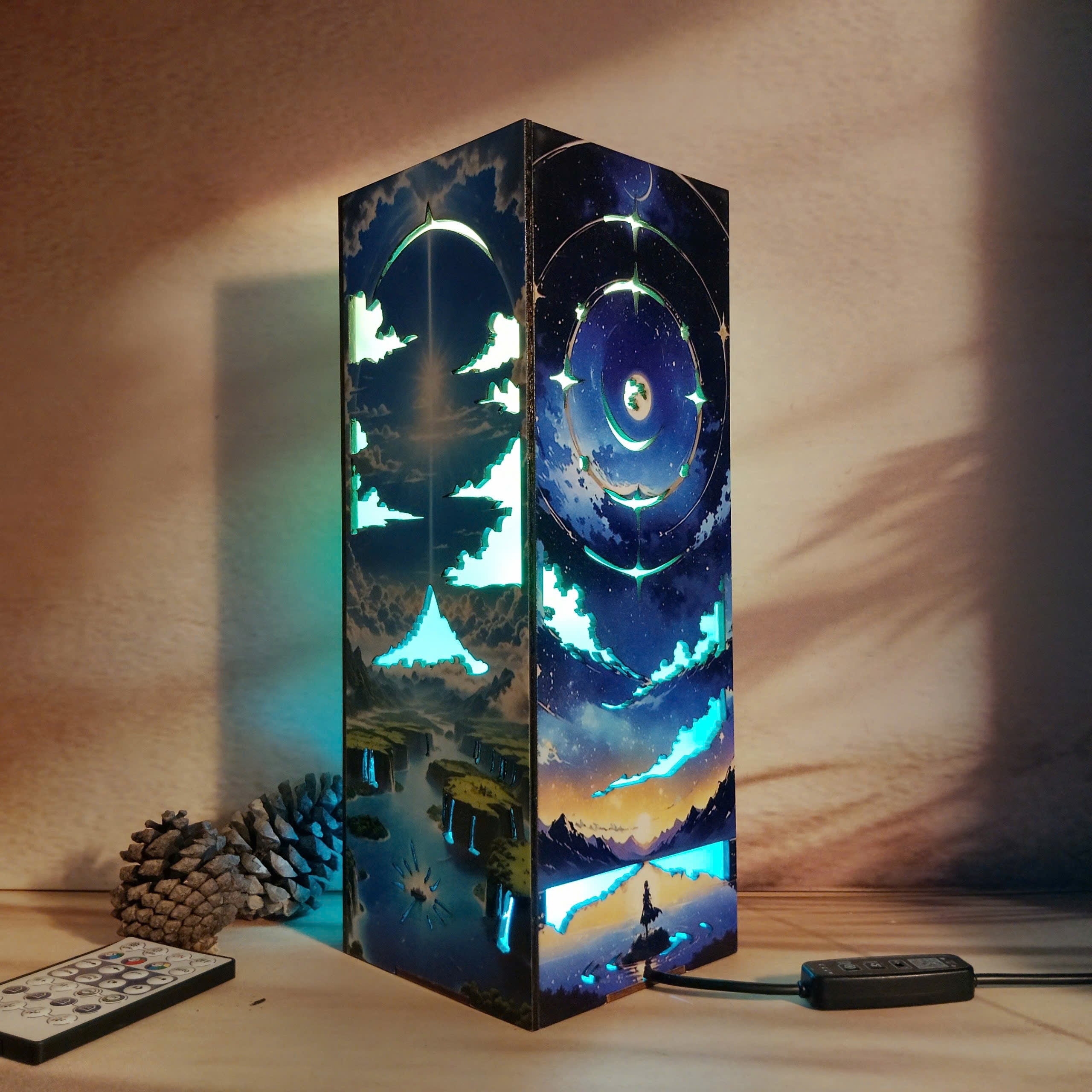 Moon, Cloud, Earth, and Sun-Inspired Wooden box Lamp