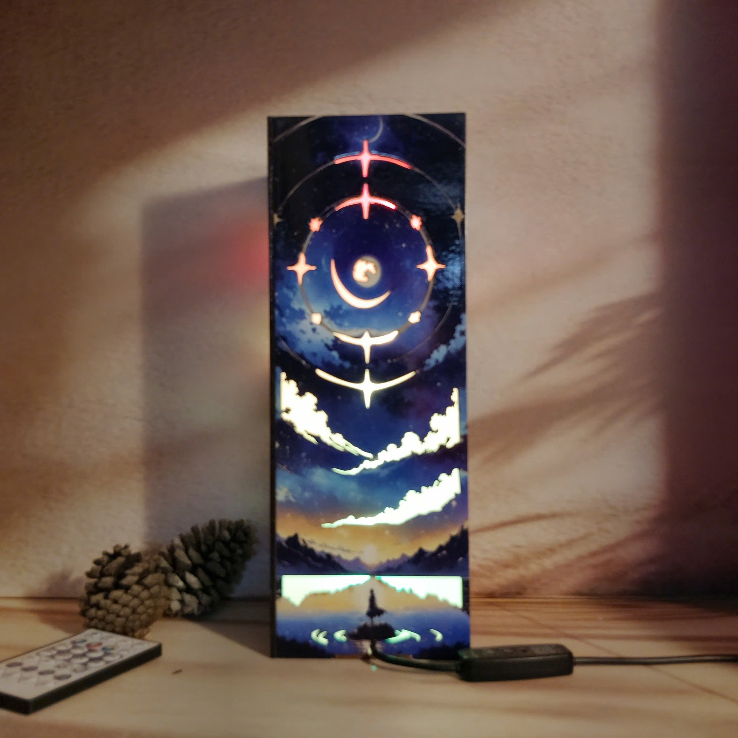 Moon, Cloud, Earth, and Sun-Inspired Wooden box Lamp
