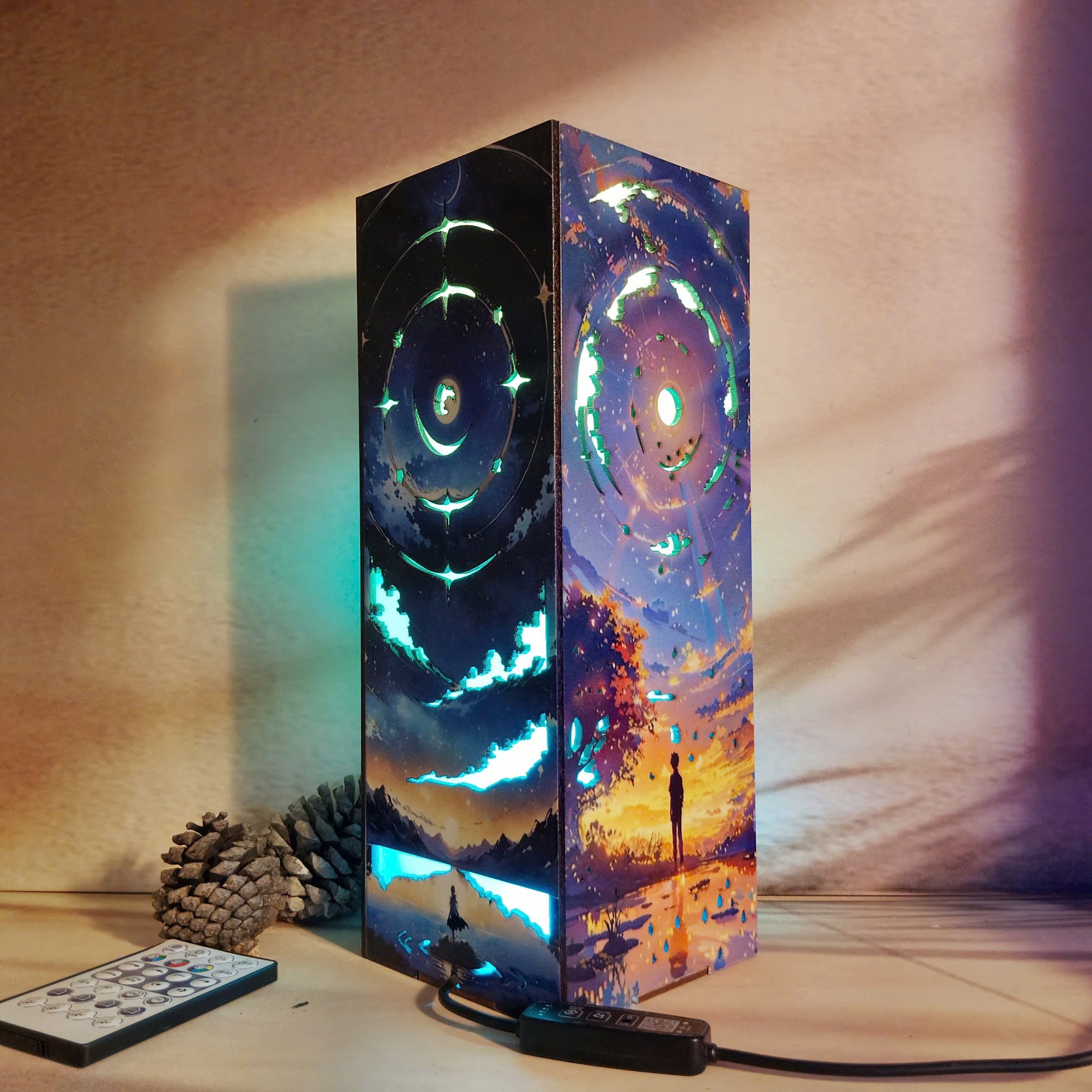 Moon, Cloud, Earth, and Sun-Inspired Wooden box Lamp