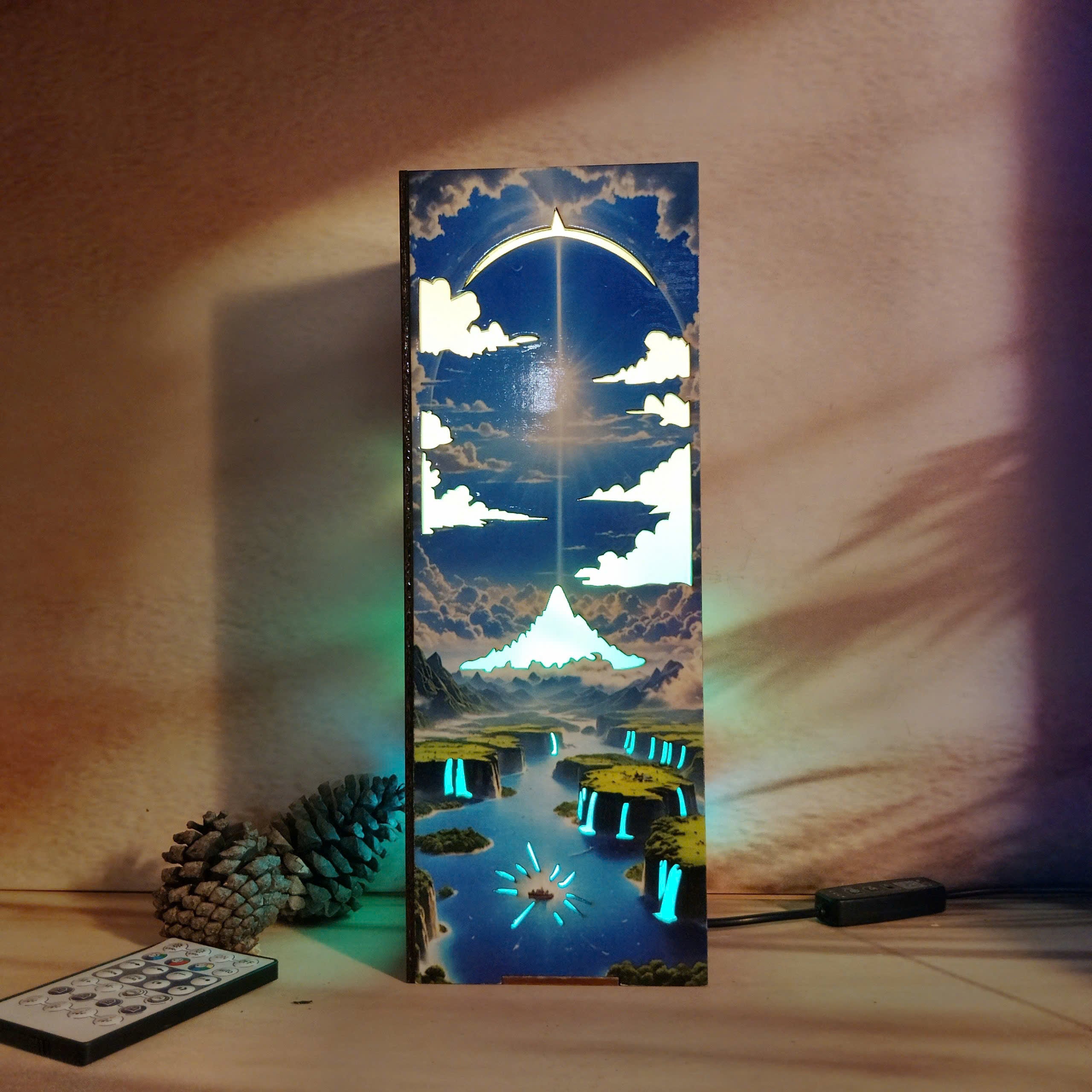 Moon, Cloud, Earth, and Sun-Inspired Wooden box Lamp