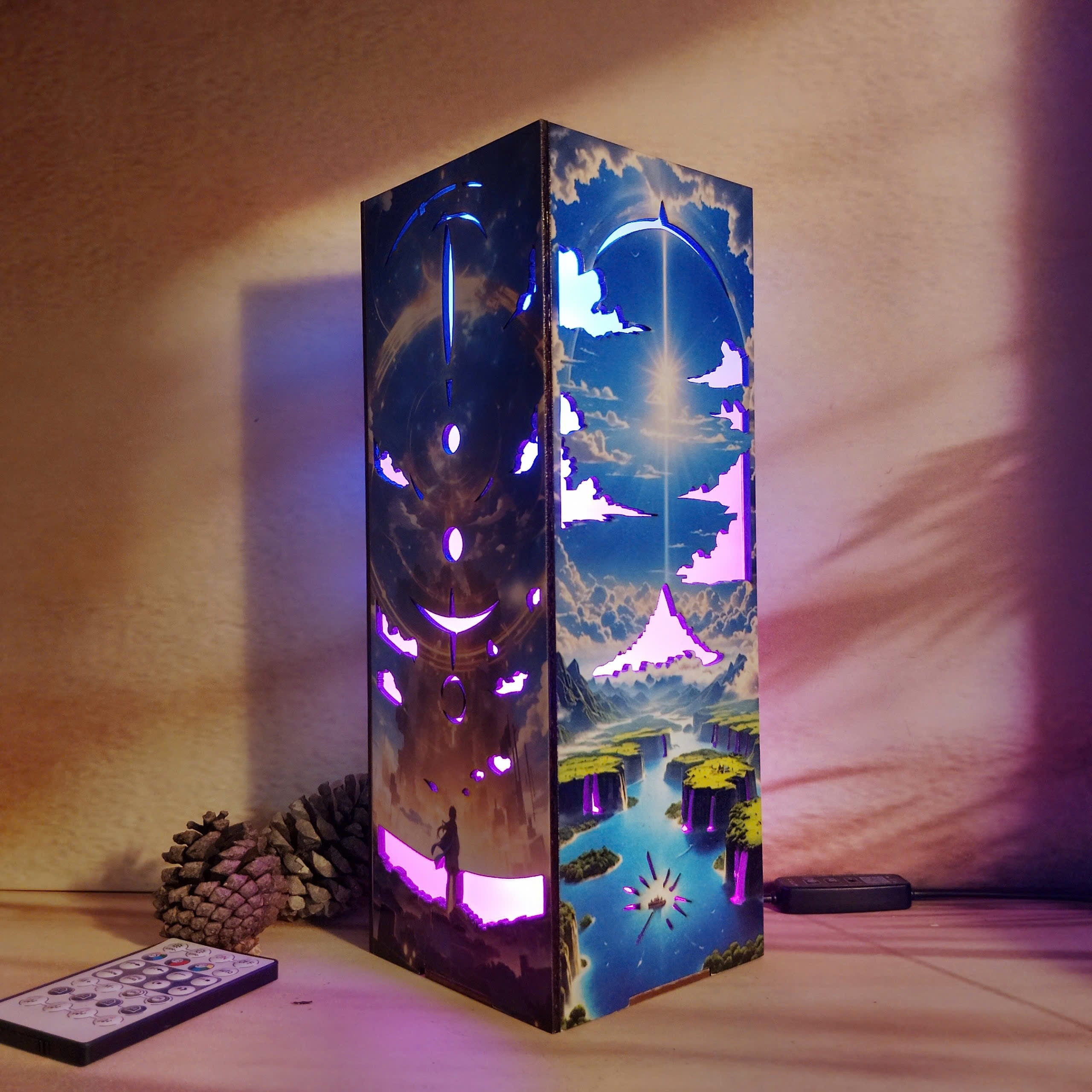 Moon, Cloud, Earth, and Sun-Inspired Wooden box Lamp